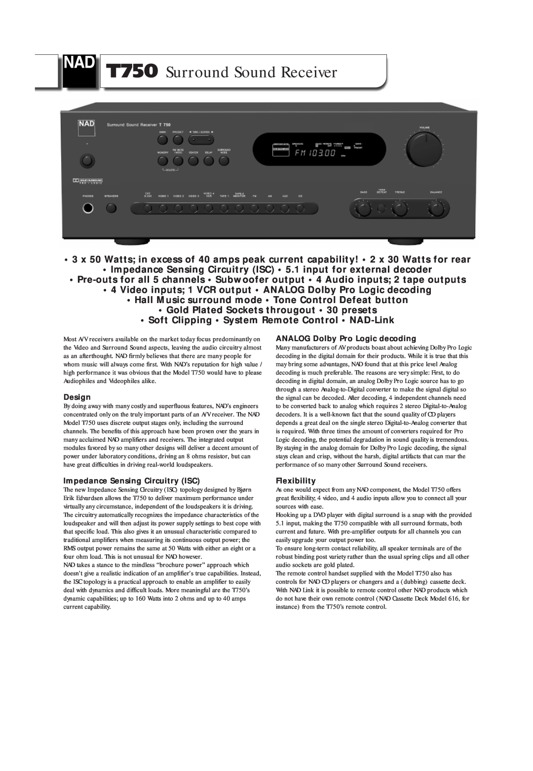 NAD T750 brochure Surround Sound Receiver 