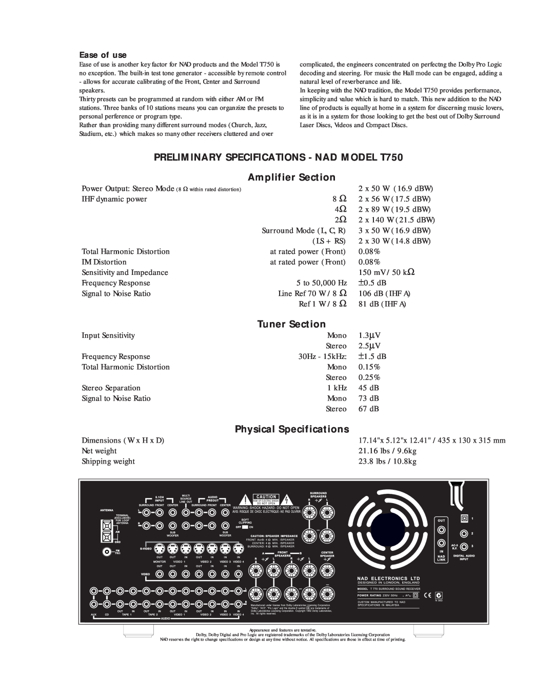 NAD brochure PRELIMINARY SPECIFICATIONS - NAD MODEL T750, Amplifier Section, Tuner Section, Physical Specifications 