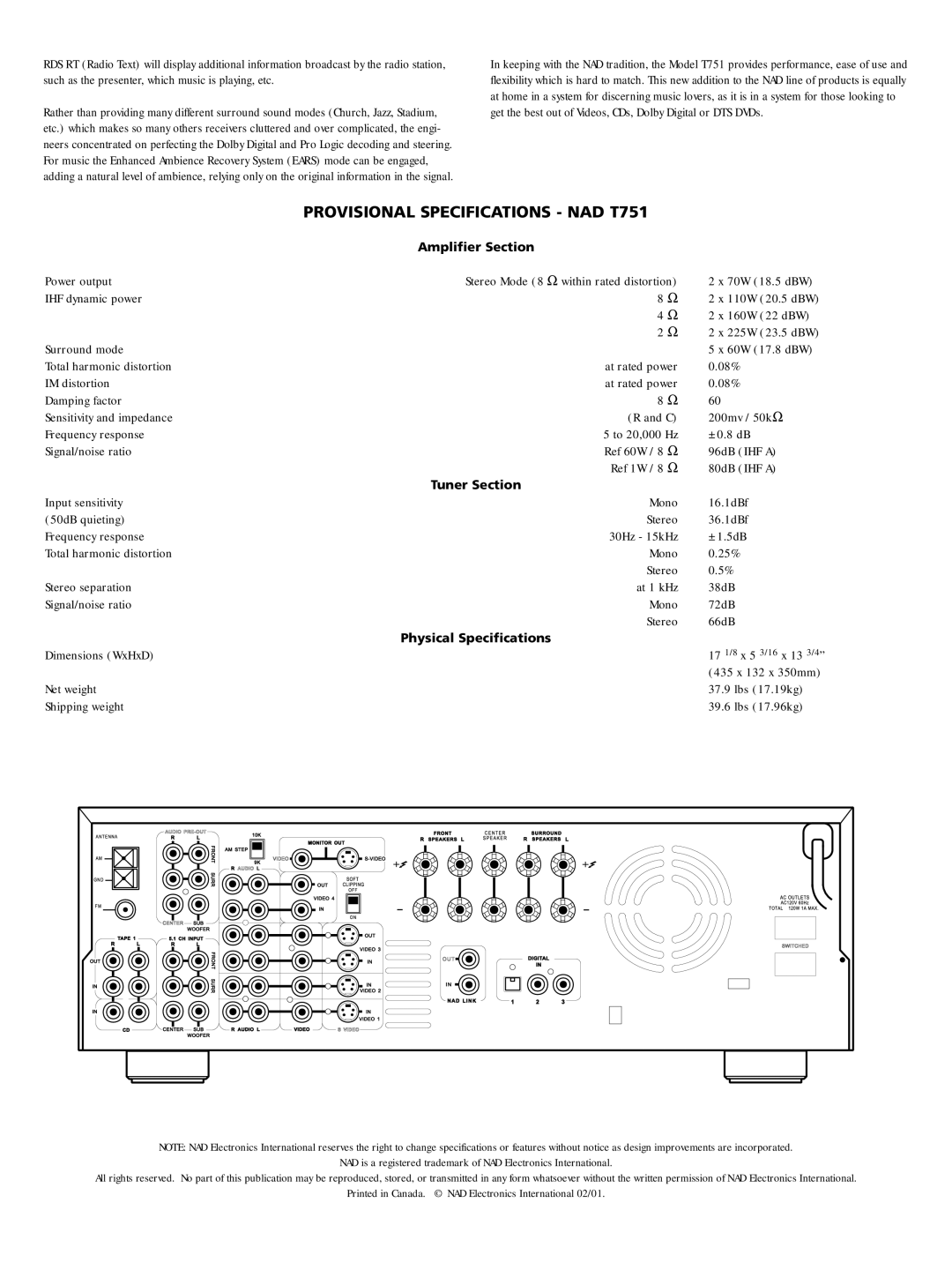 NAD specifications Provisional Specifications NAD T751 