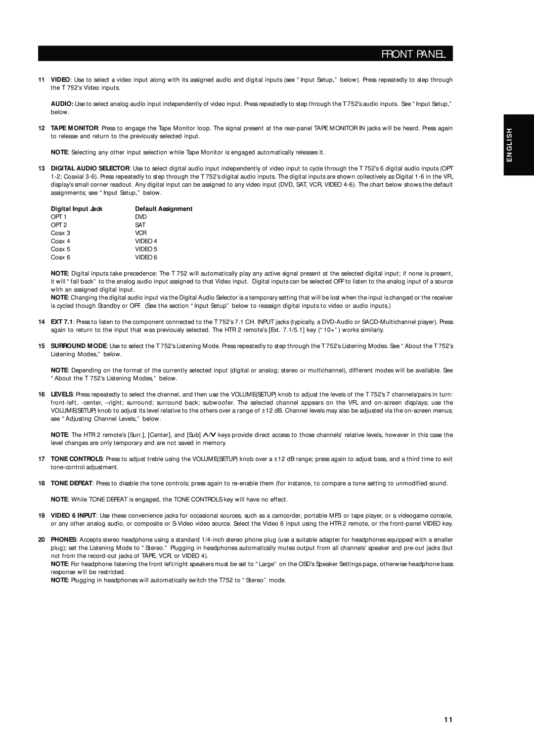 NAD T752 owner manual Digital Input Jack Default Assignment 