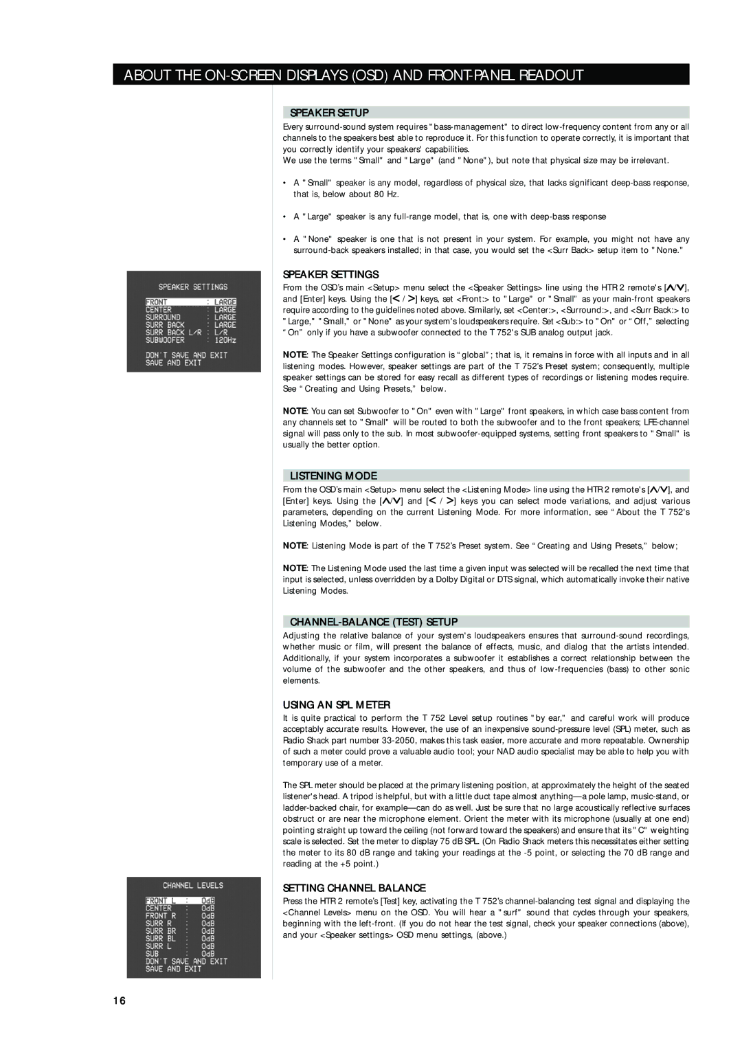 NAD T752 Speaker Setup, Listening Mode, CHANNEL-BALANCE Test Setup, Using AN SPL Meter, Setting Channel Balance 