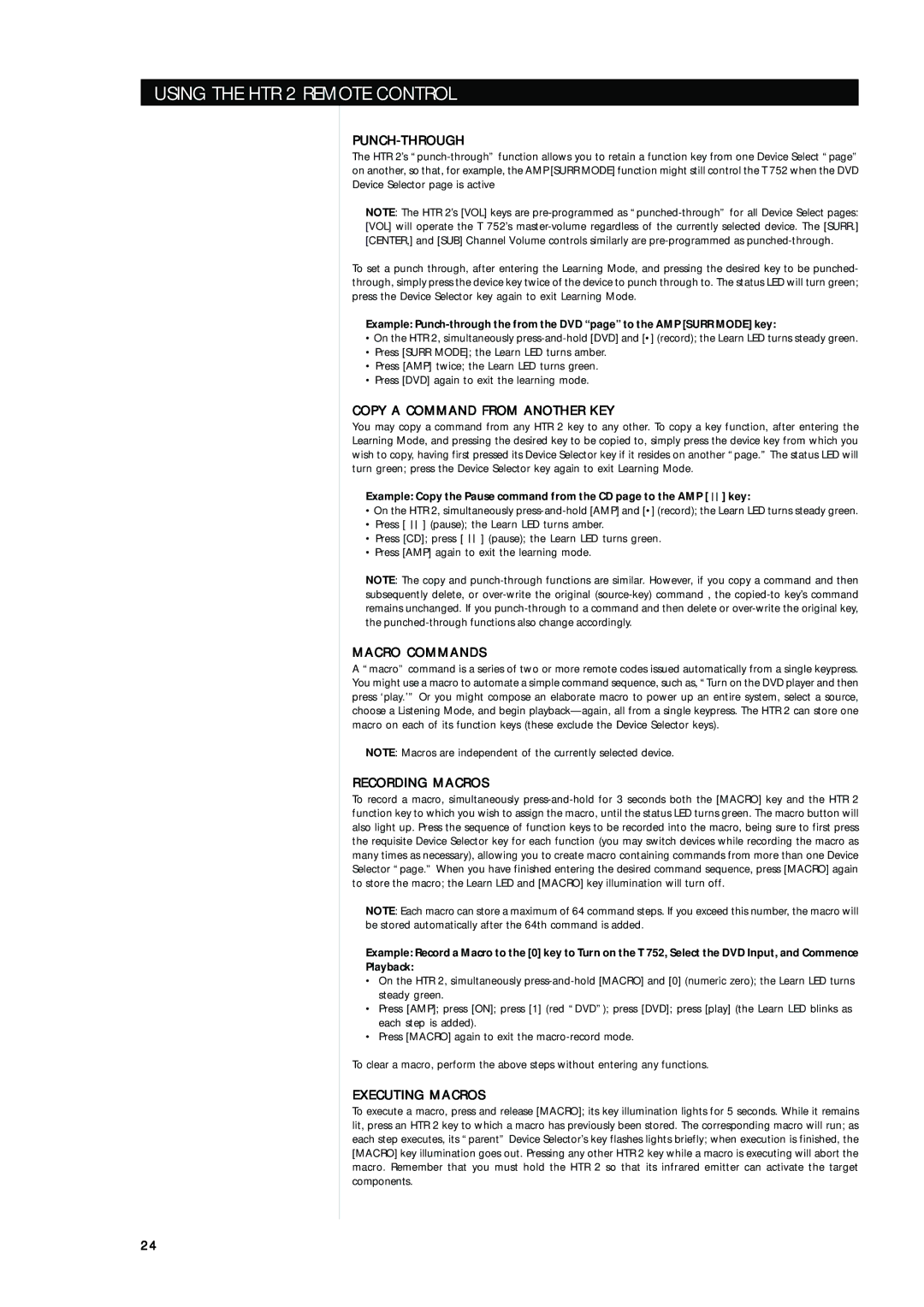 NAD T752 owner manual Punch-Through, Copy a Command from Another KEY, Macro Commands, Recording Macros, Executing Macros 