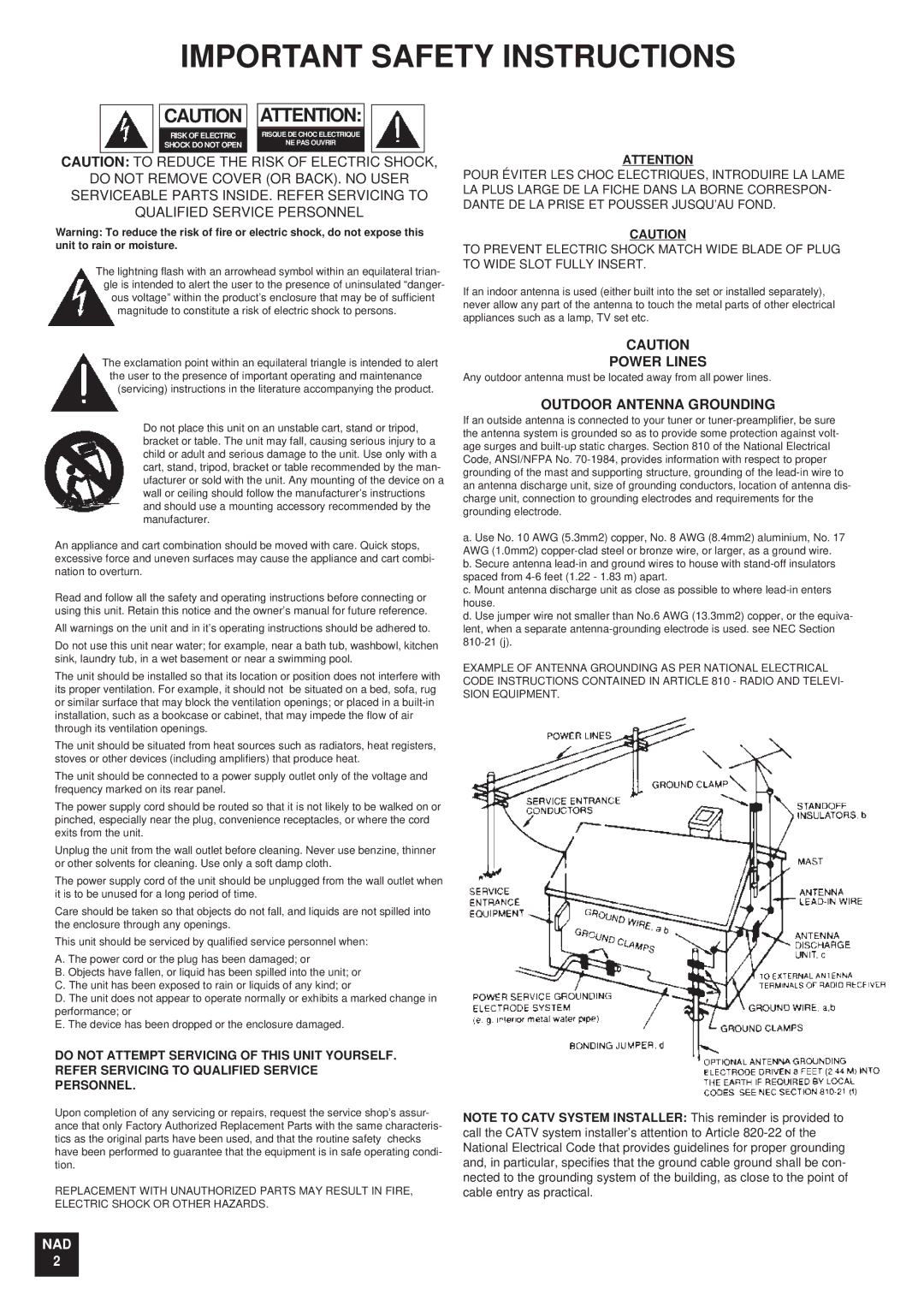 NAD T761 manual Power Lines, Outdoor Antenna Grounding 