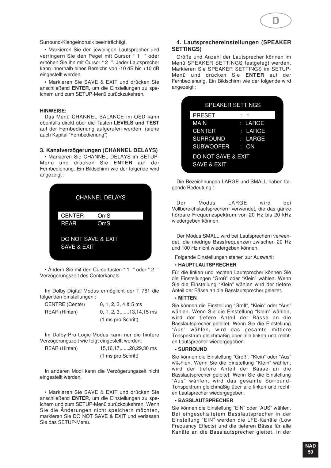 NAD T761 manual Kanalverzögerungen Channel Delays, Lautsprechereinstellungen Speaker Settings 