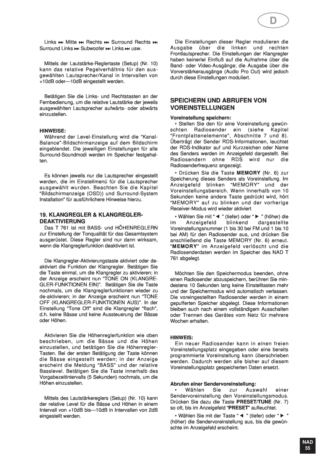 NAD T761 manual Speichern Und Abrufen Von Voreinstellungen, Klangregler & Klangregler- Deaktivierung, Hinweise, Nad 