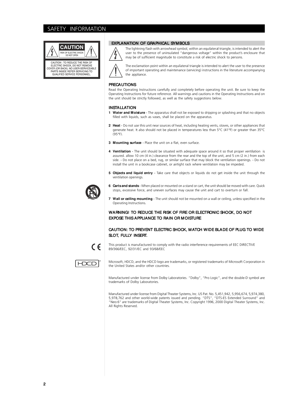 NAD T762 owner manual Safety Information, Explanation of Graphical Symbols, Precautions, Installation 