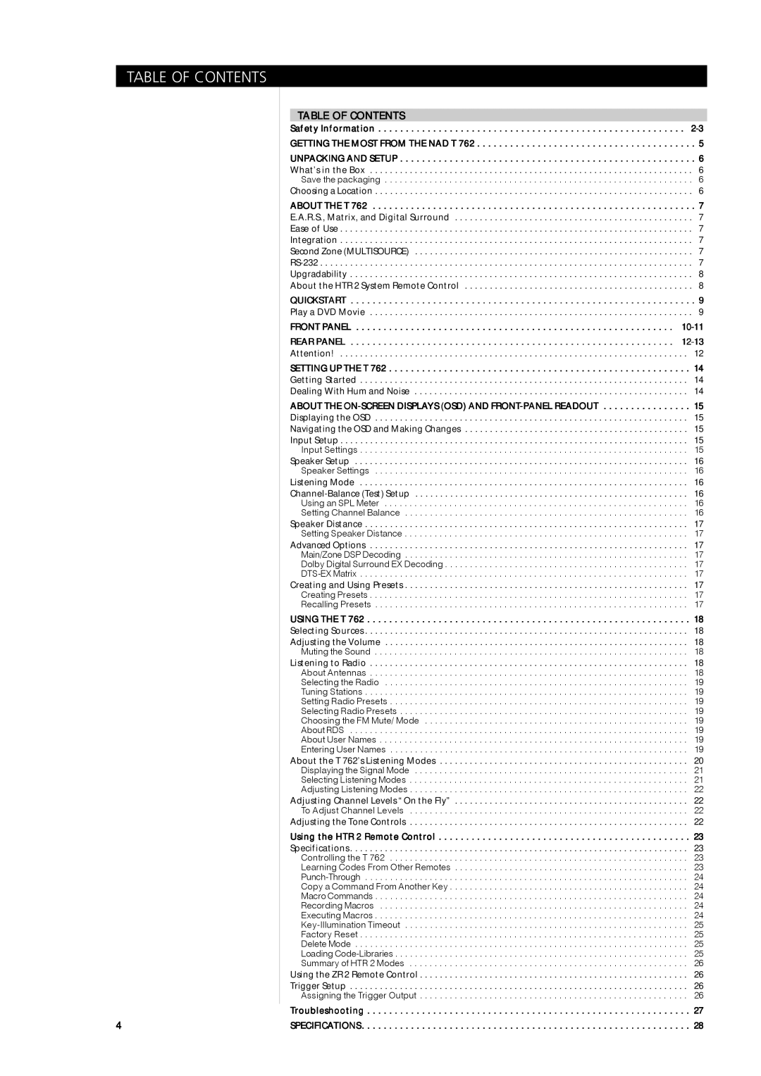 NAD T762 owner manual Table of Contents 