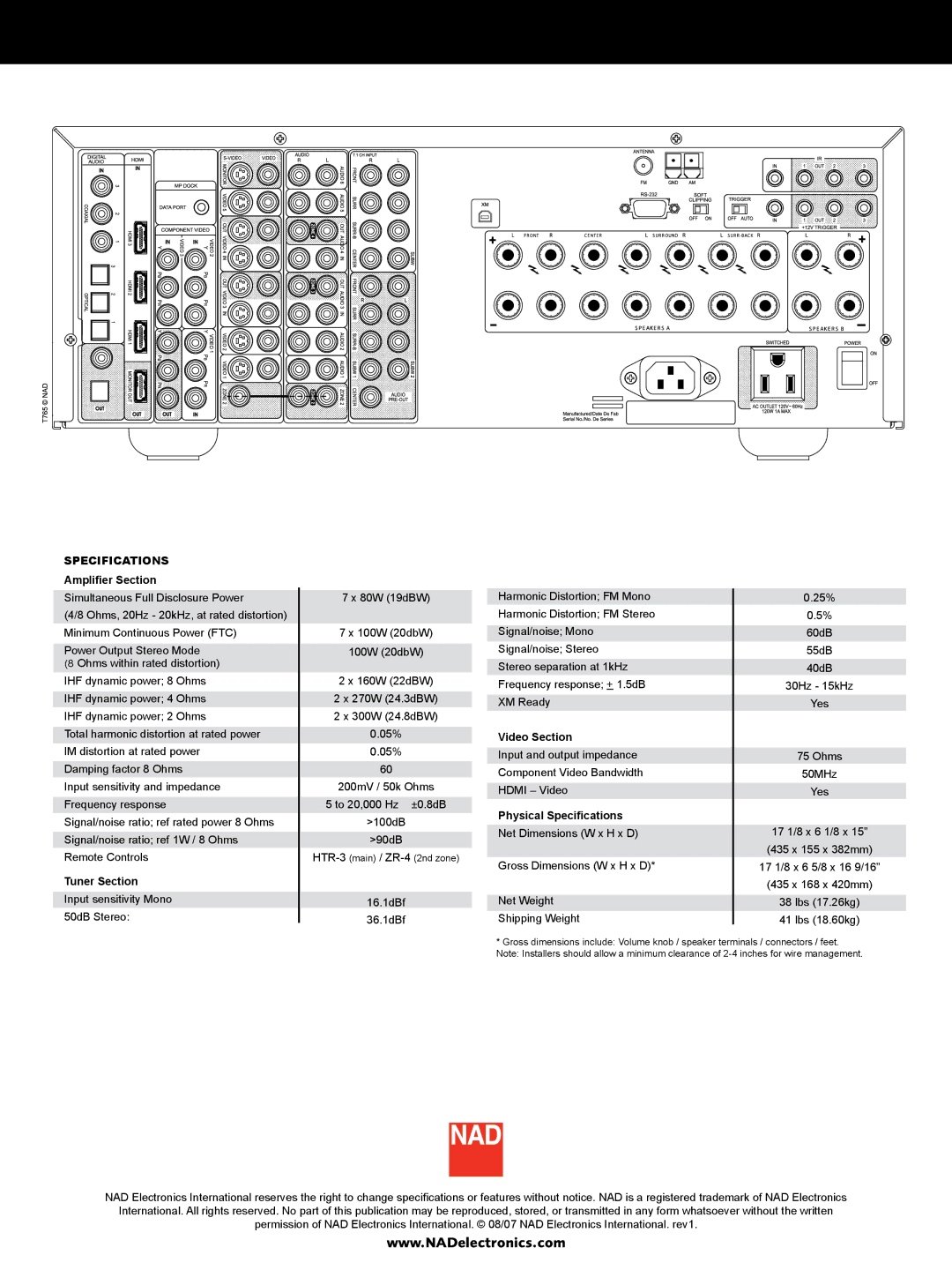 NAD t765 specifications Specifications 