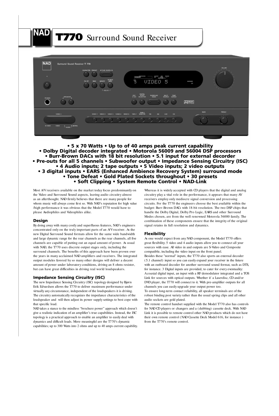 NAD T770 brochure Design, Impedance Sensing Circuitry ISC, Flexibility 