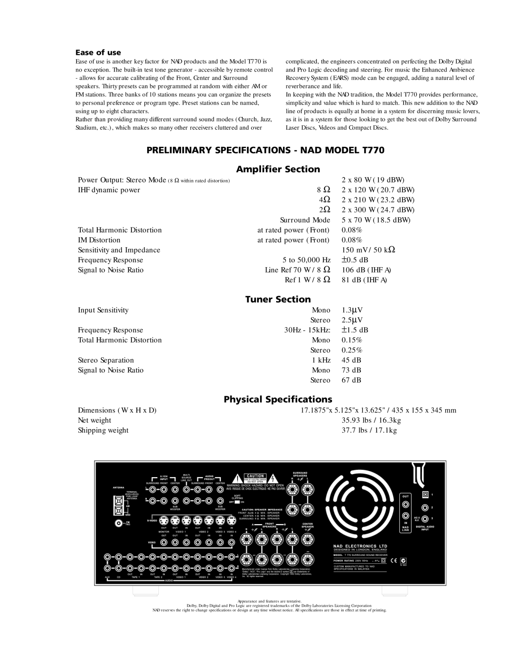 NAD T770 brochure Amplifier Section, Tuner Section, Physical Specifications, Ease of use 