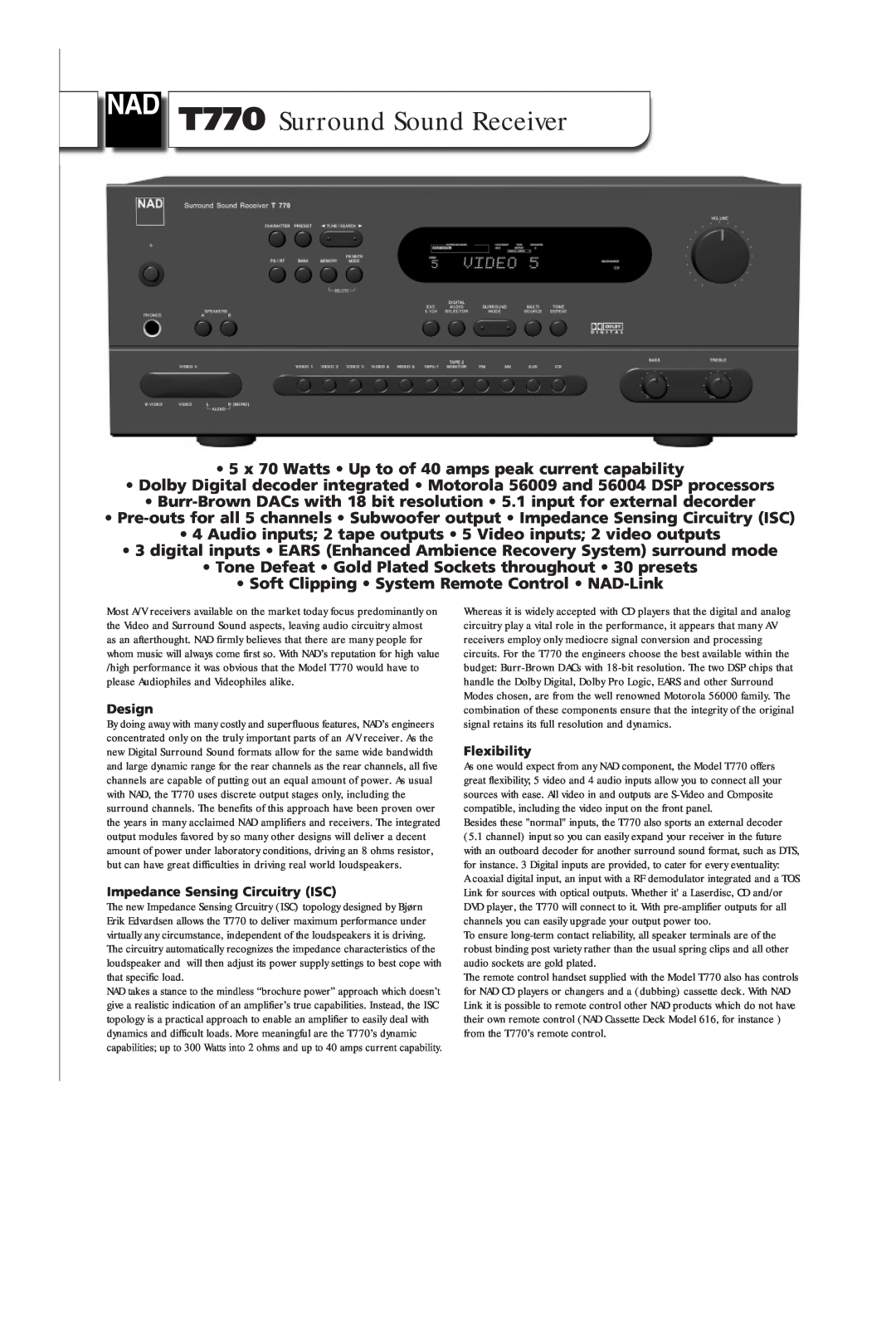 NAD T770 owner manual Surround Sound Receiver 