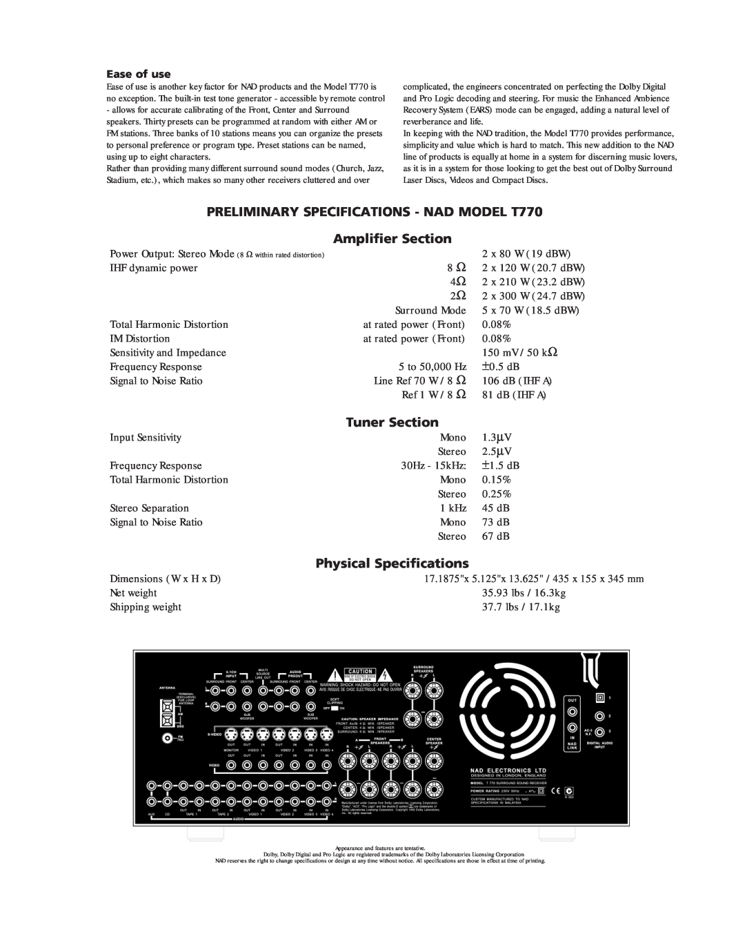 NAD brochure PRELIMINARY SPECIFICATIONS - NAD MODEL T770, Amplifier Section, Tuner Section, Physical Specifications 