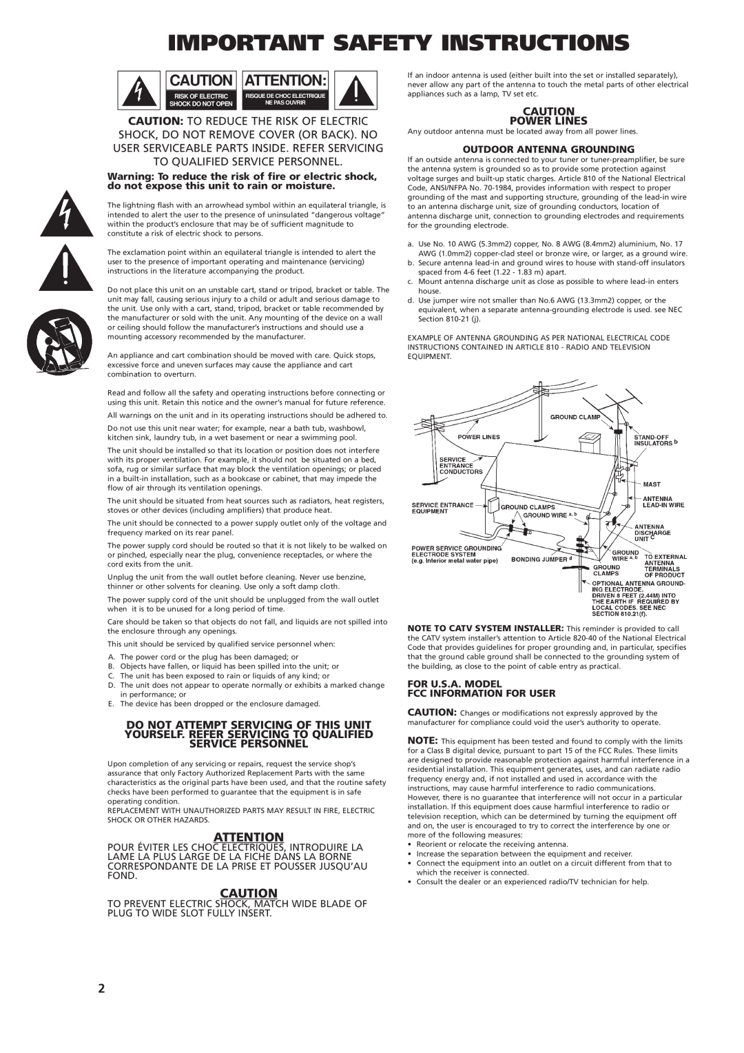 NAD T770 Important Safety Instructions, Power Lines, Outdoor Antenna Grounding, For U.S.A. Model Fcc Information For User 