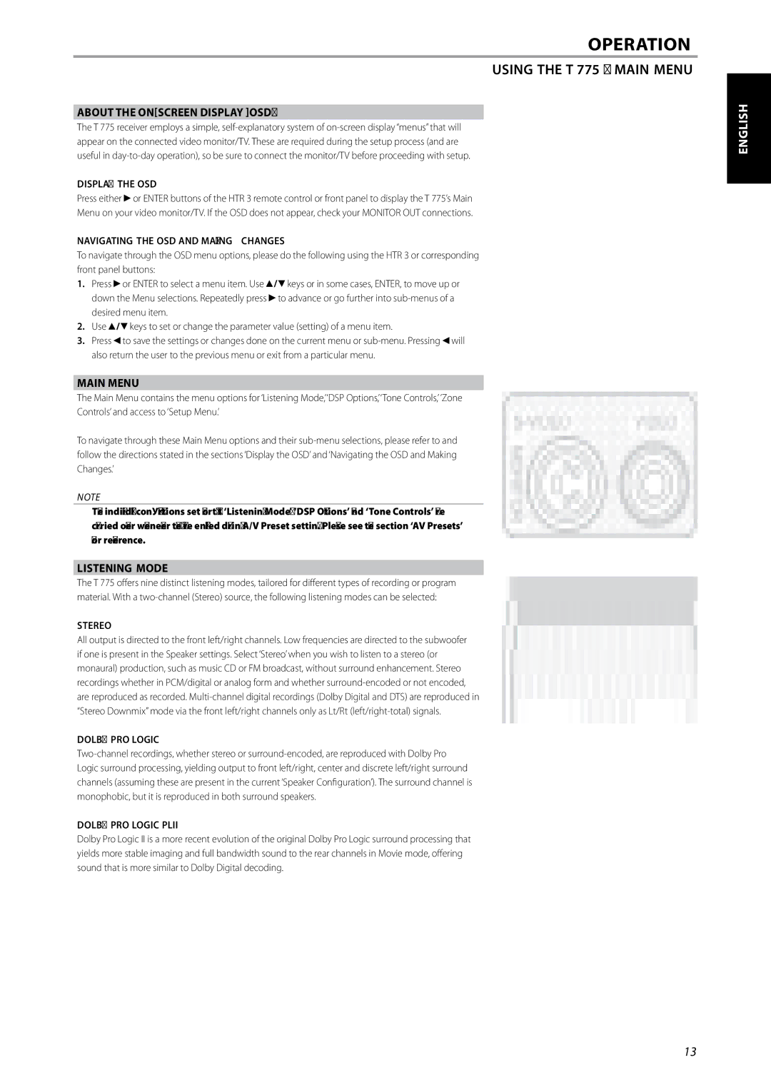 NAD T775 owner manual Using the T 775 Main Menu, About the ON-SCREEN Display OSD, Listening Mode 