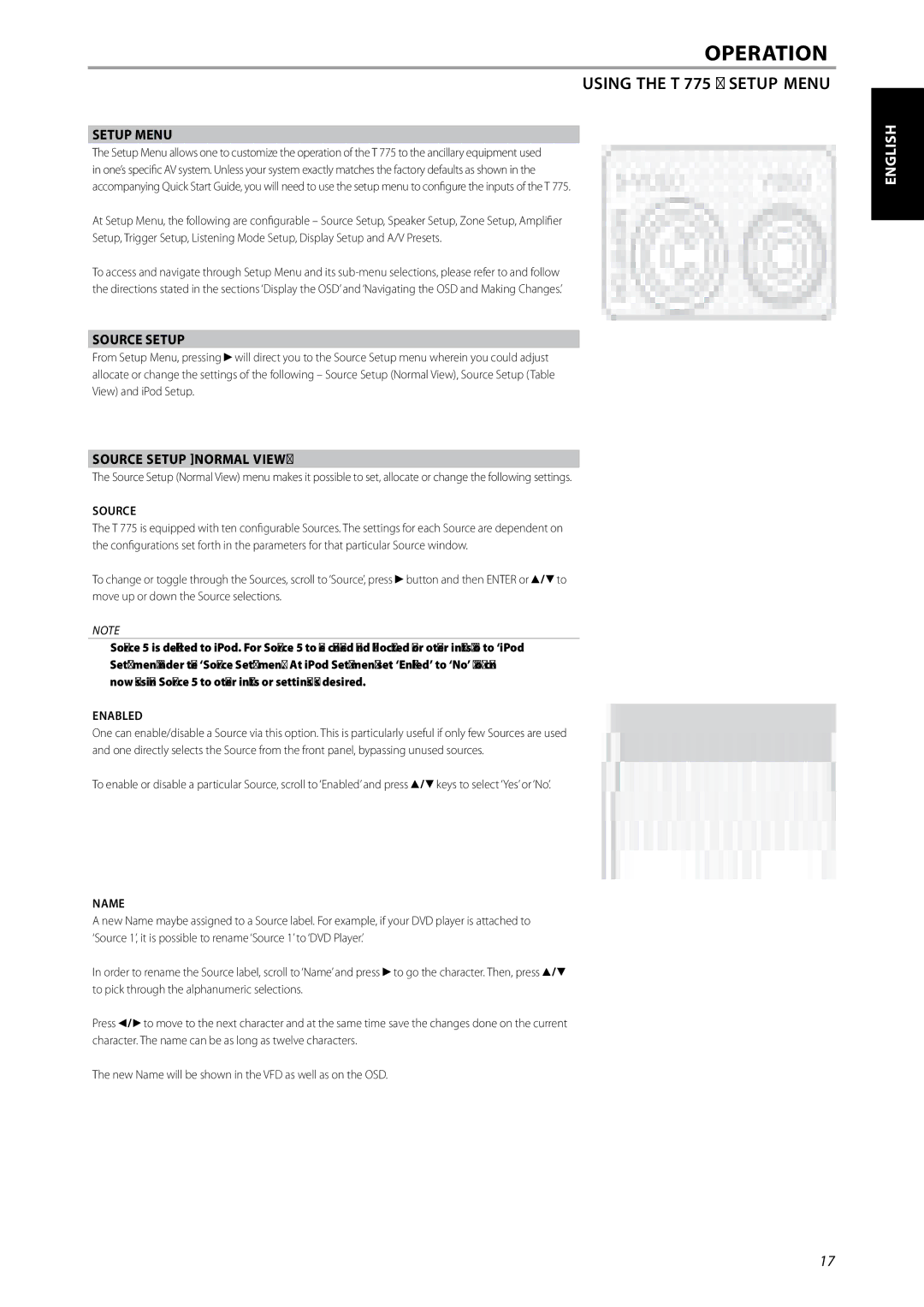 NAD T775 owner manual Using the T 775 Setup Menu, Source Setup Normal View 