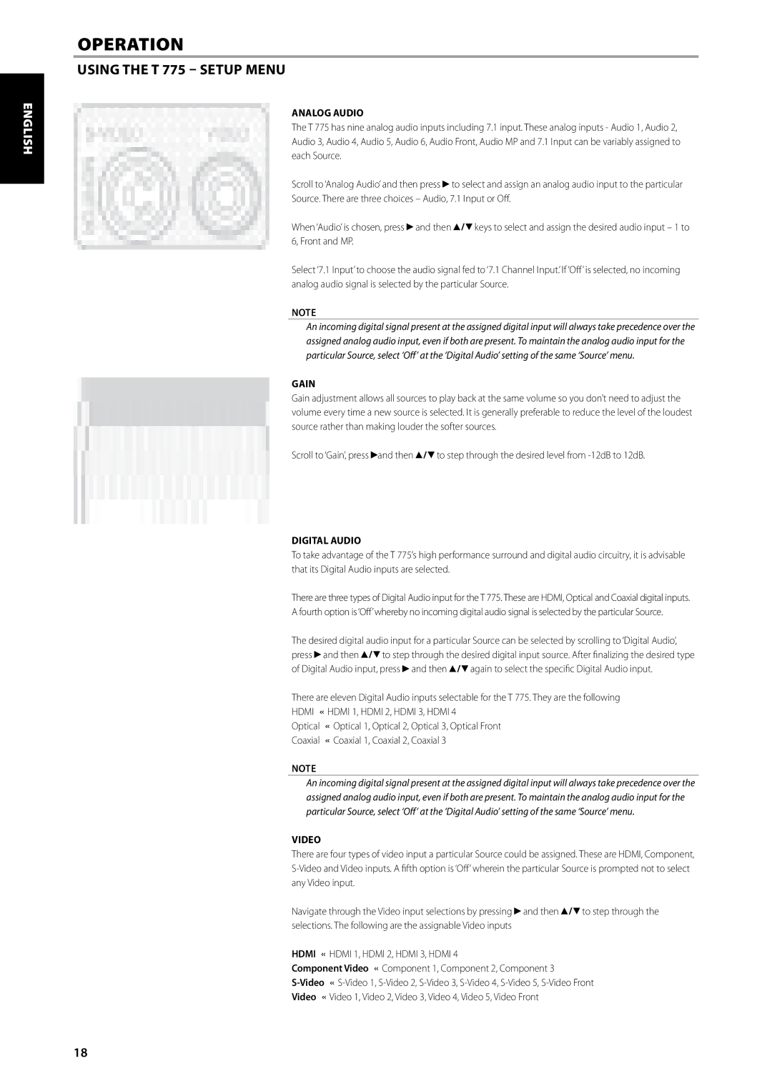 NAD T775 owner manual Analog Audio, Gain, Digital Audio, Video 