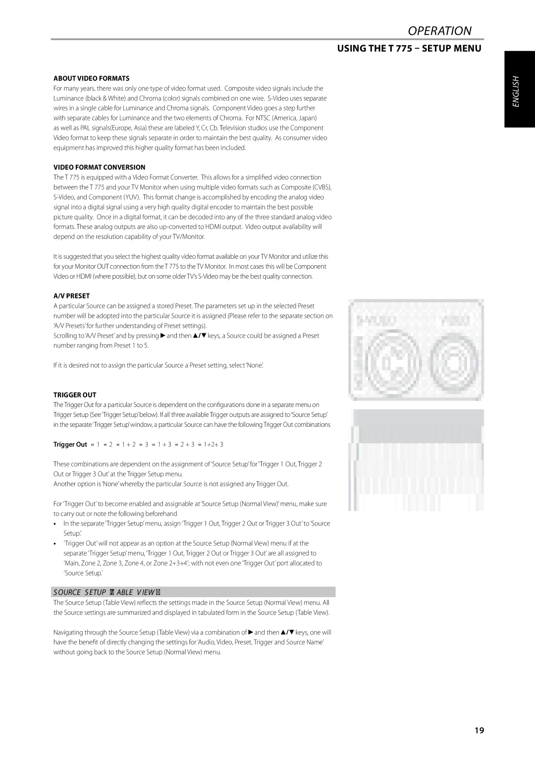 NAD T775 owner manual Source Setup Table View, About Video Formats, Video Format Conversion, Preset, Trigger Out 