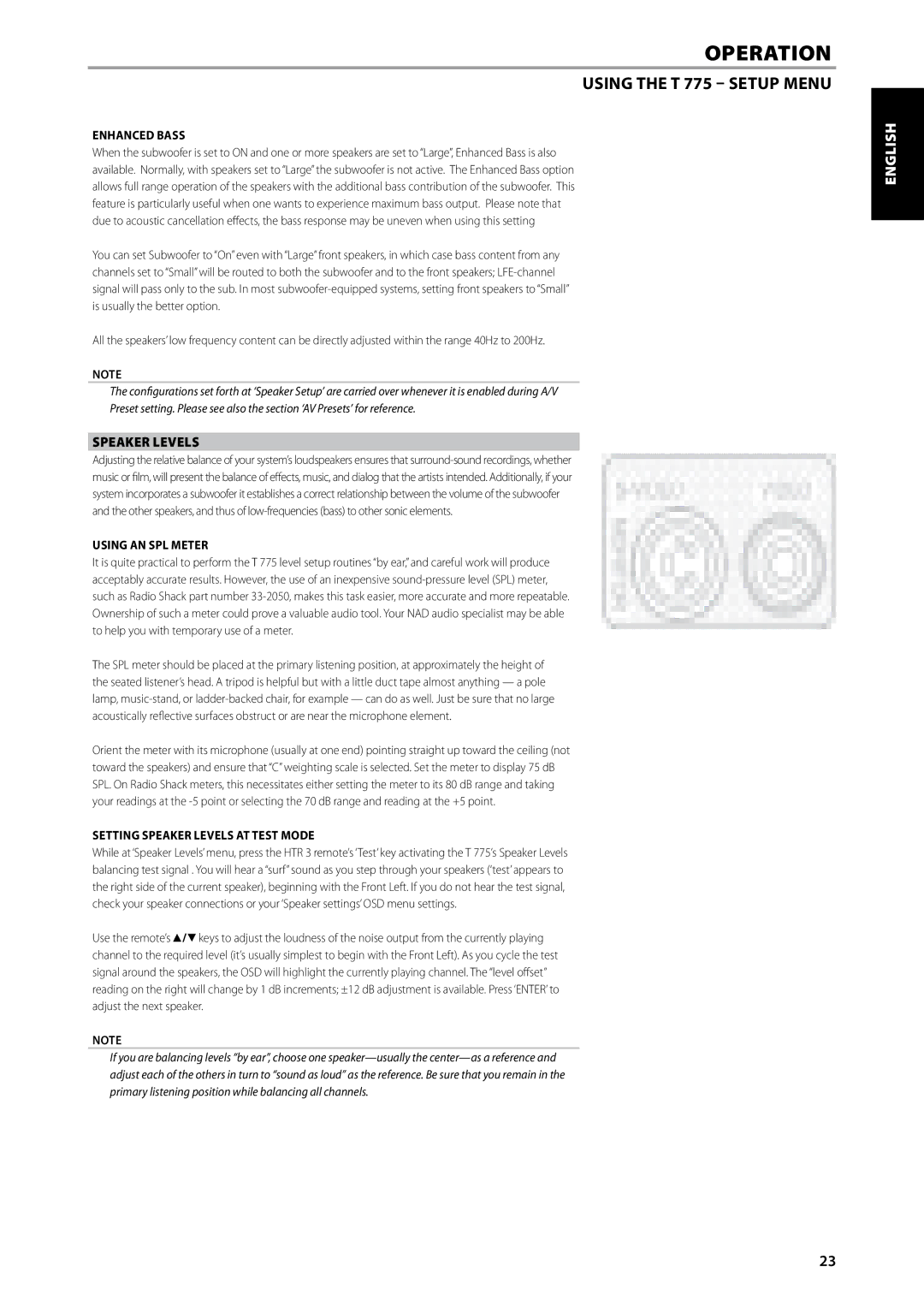 NAD T775 owner manual Enhanced Bass, Using an SPL Meter, Setting Speaker Levels at Test mode 