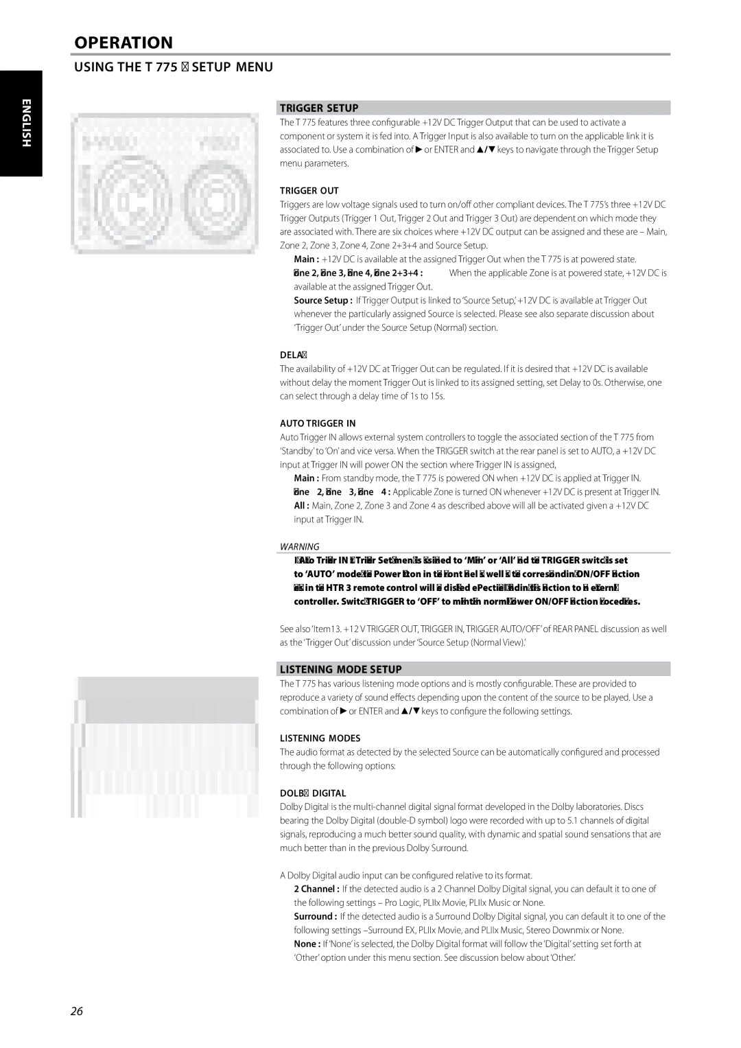 NAD T775 owner manual Trigger setup, Listening Mode Setup 