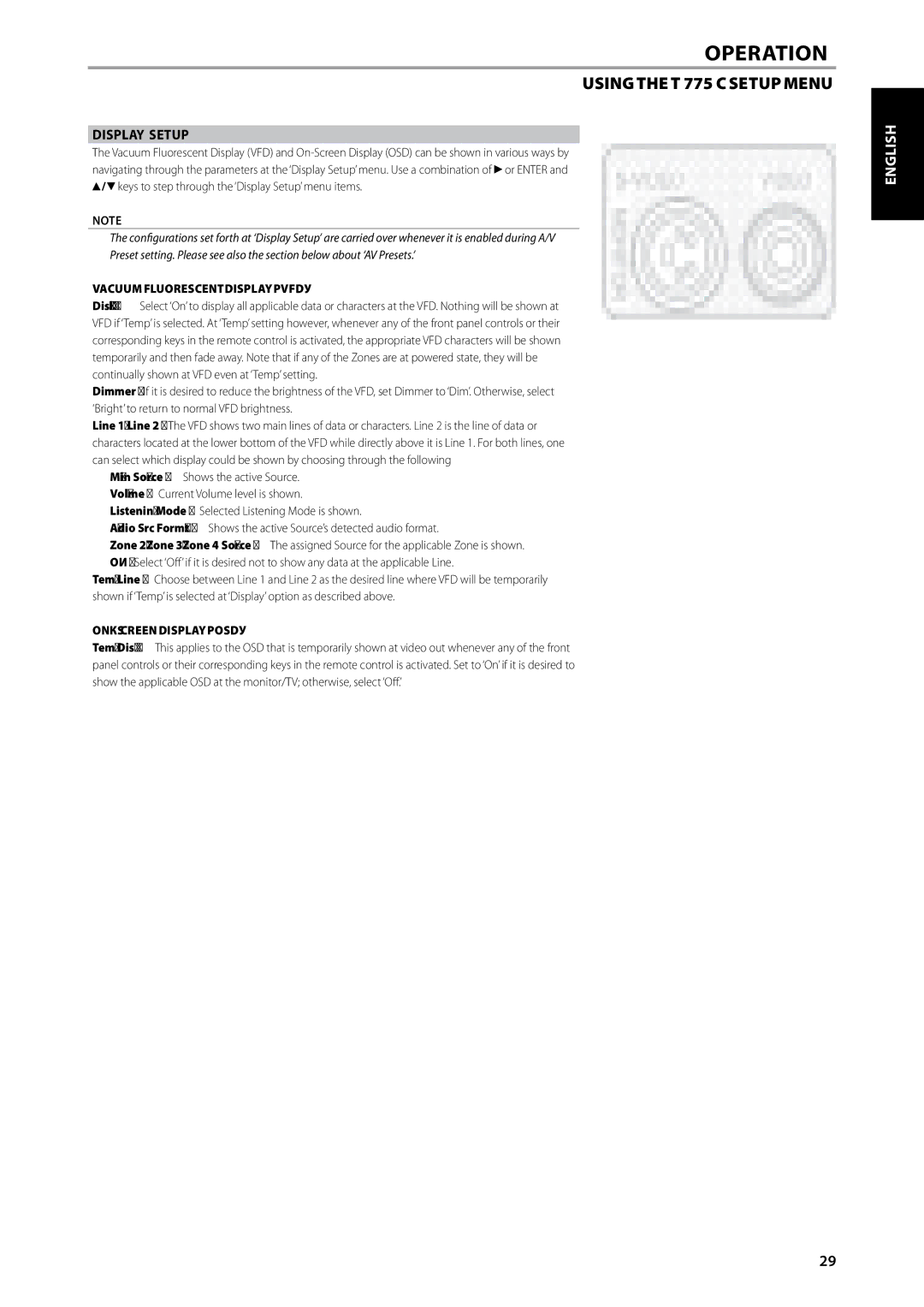 NAD T775 owner manual Display Setup, Vacuum Fluorescent Display VFD, On-Screen Display OSD 