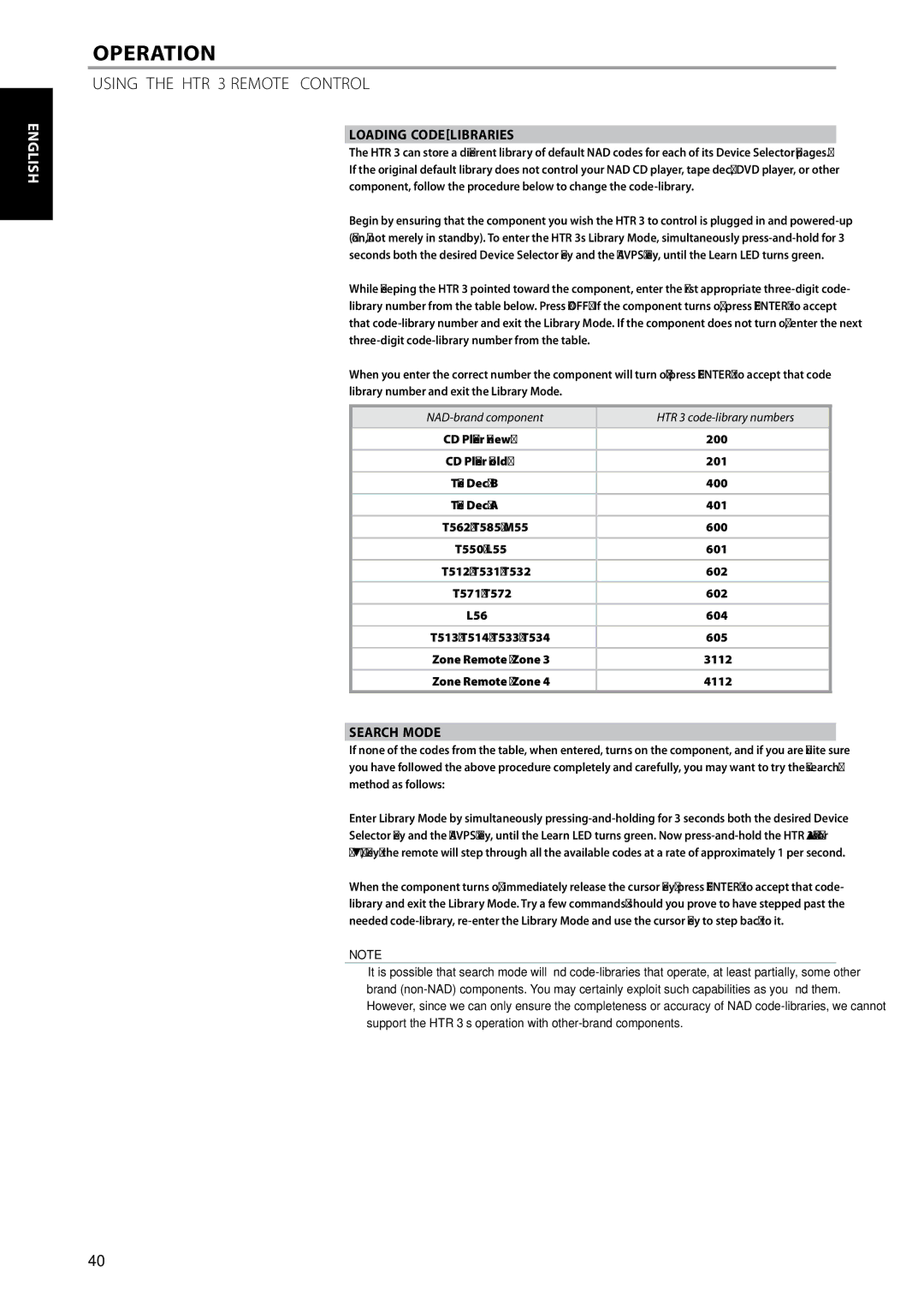 NAD T775 owner manual Loading Code-Libraries, Search Mode, NAD-brand component 