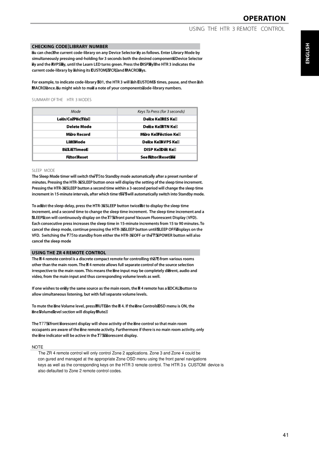 NAD T775 owner manual Checking Code-Library Number, Using the ZR 4 Remote Control, Summary of the HTR 3 Modes, Sleep Mode 