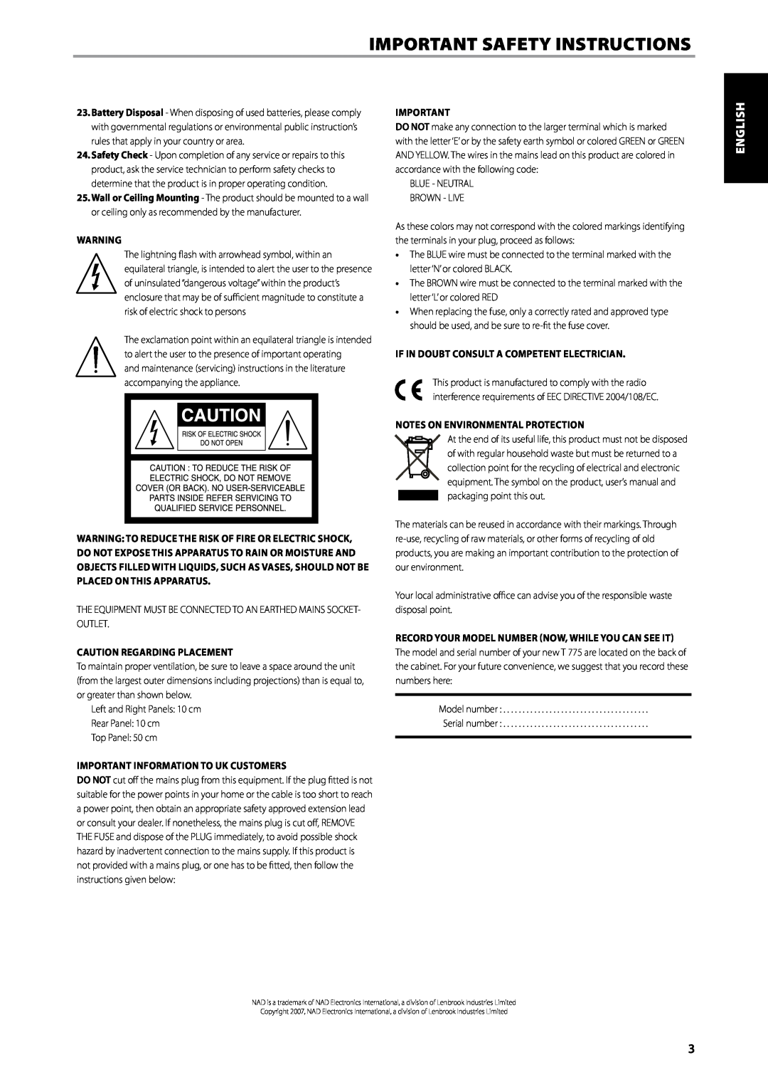 NAD T775 owner manual Important Safety Instructions, English Français Español Italiano, Svenska Nederlands Deutsch Русский 