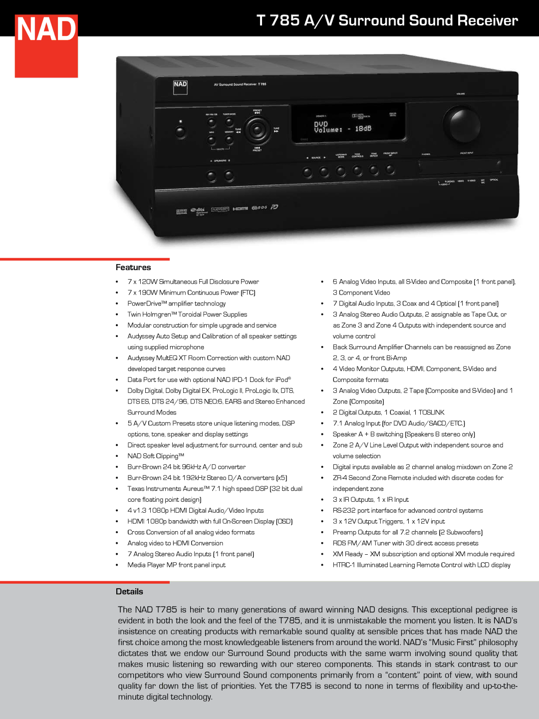 NAD T785 manual 785 A/V Surround Sound Receiver, Features, Details 