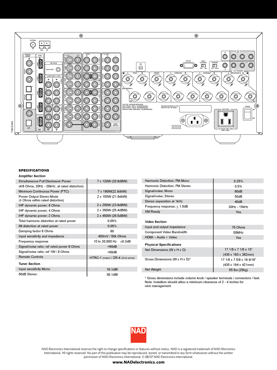 NAD T785 manual Specifications 