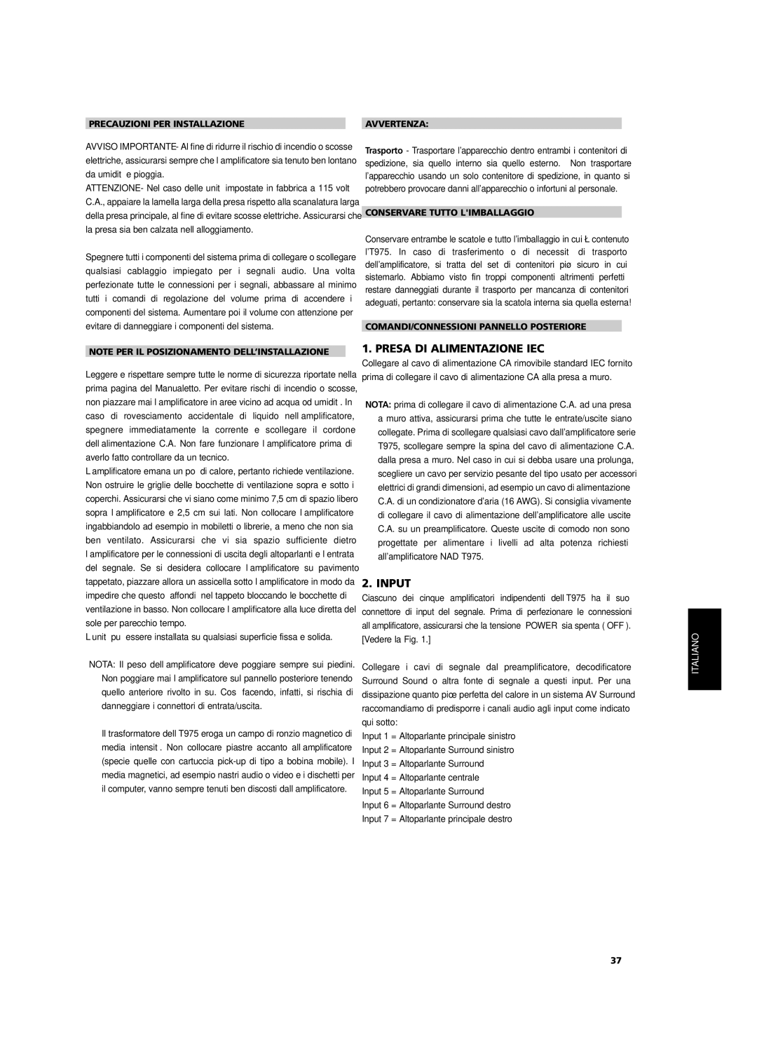 NAD T975 owner manual Presa DI Alimentazione IEC, Input 