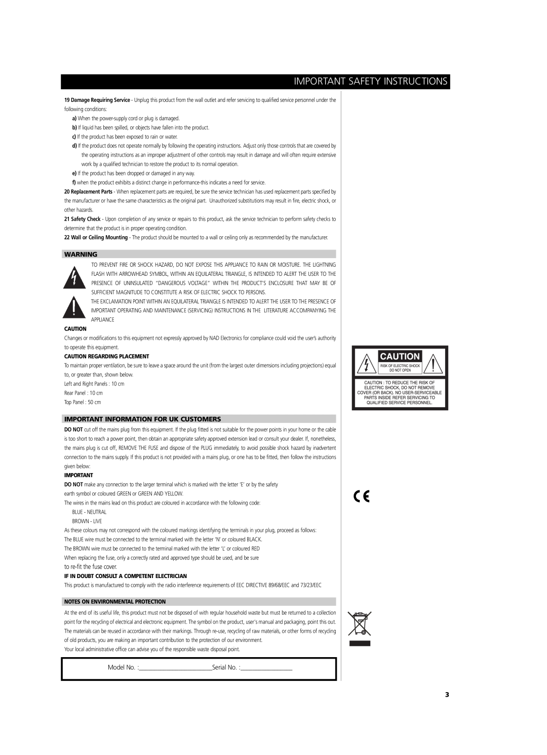 NAD T975 owner manual Important Information For Uk Customers, Important Safety Instructions, Caution Regarding Placement 