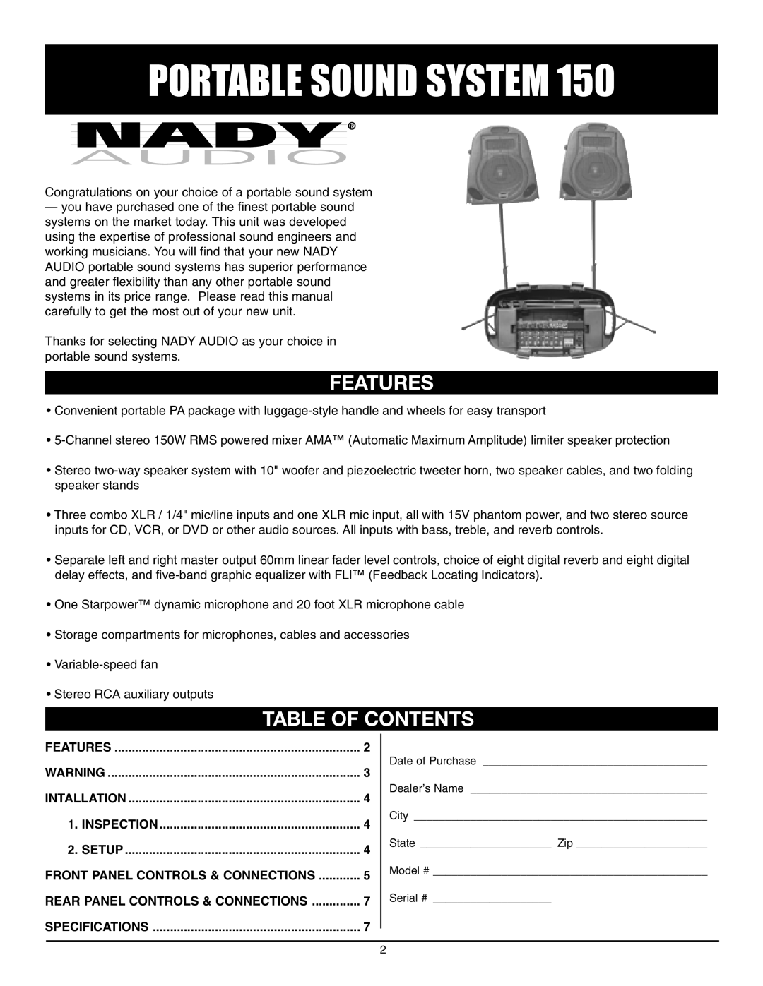 Nady Systems 150 owner manual Features, Table of Contents 