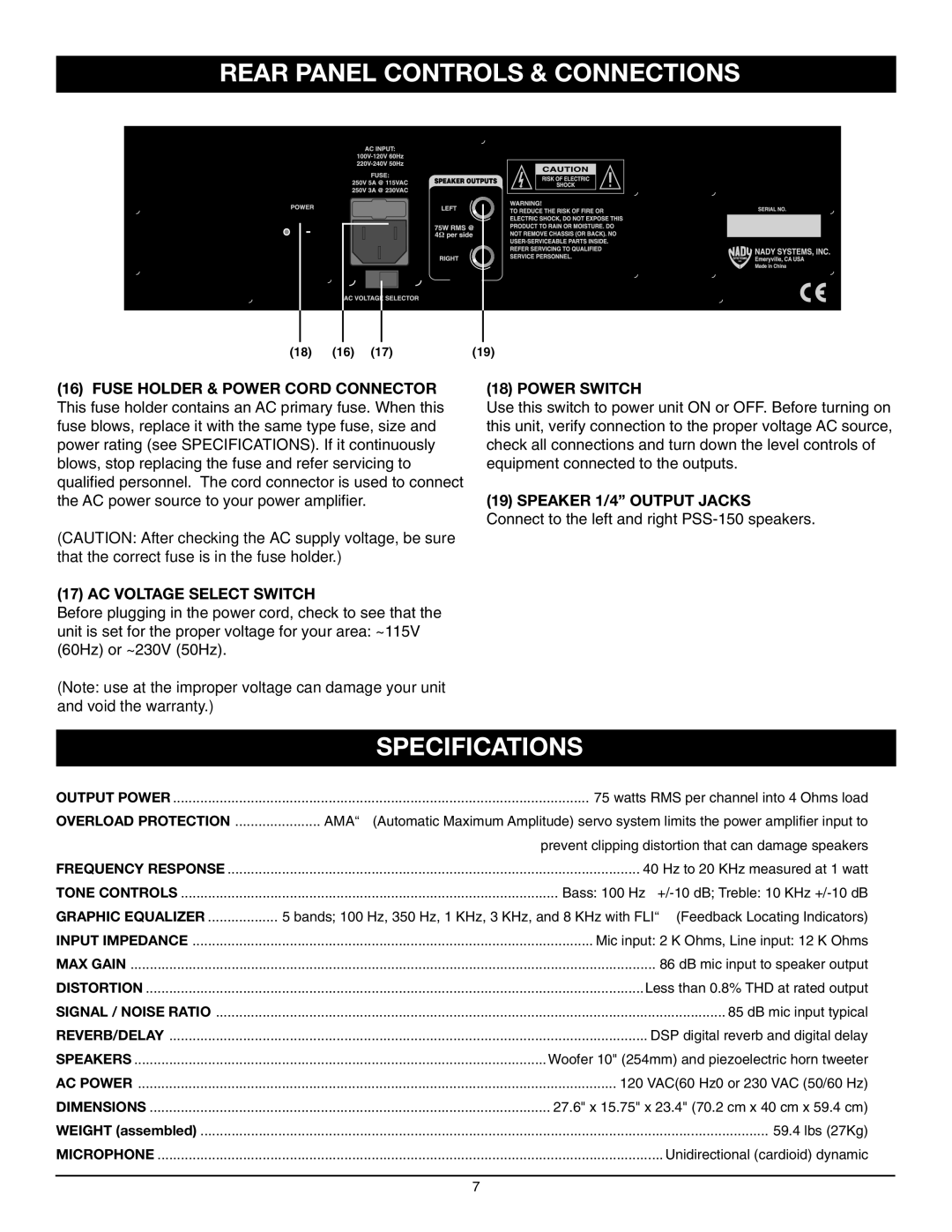 Nady Systems 150 owner manual Rear Panel Controls & Connections, Specifications 