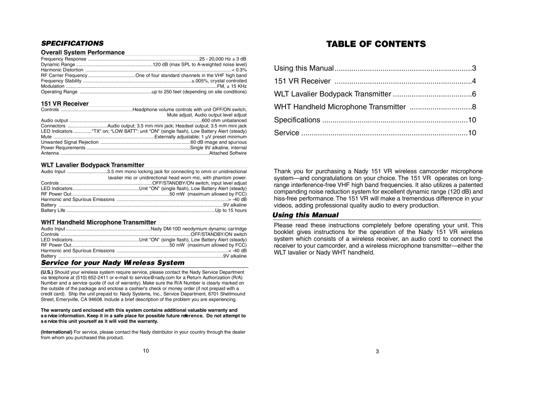 Nady Systems 151VRHTSYSTEMA, 151VRHTSYSTEMF, 151VRLTSYSTEMA, 151VRLTSYSTEMF, 151VRLTSYSTEMH, 151VRHTSYSTEMG1 Table of Contents 