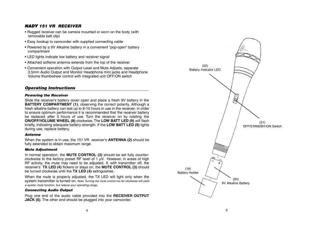 Nady Systems 151VRLTSYSTEMA, 151VRHTSYSTEMF, 151VRHTSYSTEMA, 151VRLTSYSTEMF Nady 151 VR Receiver, Operating Instructions 