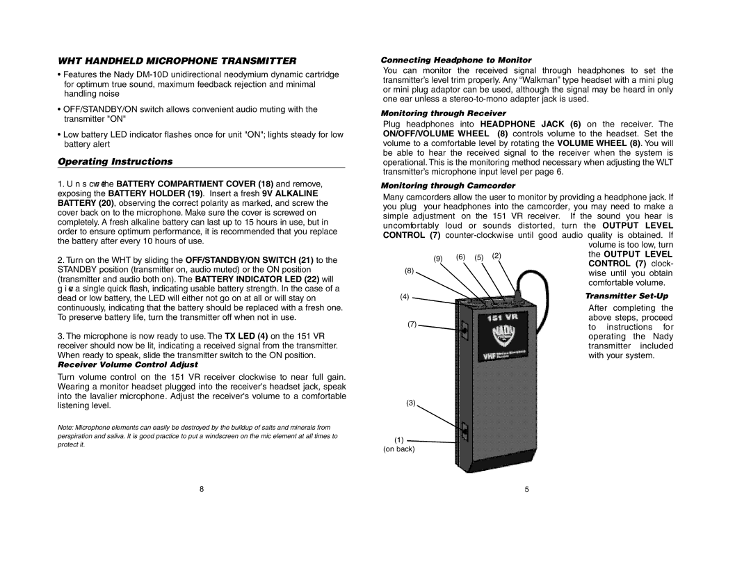 Nady Systems 151VRLTSYSTEMF manual WHT Handheld Microphone Transmitter, Operating Instru c t i o n s, Output Level 