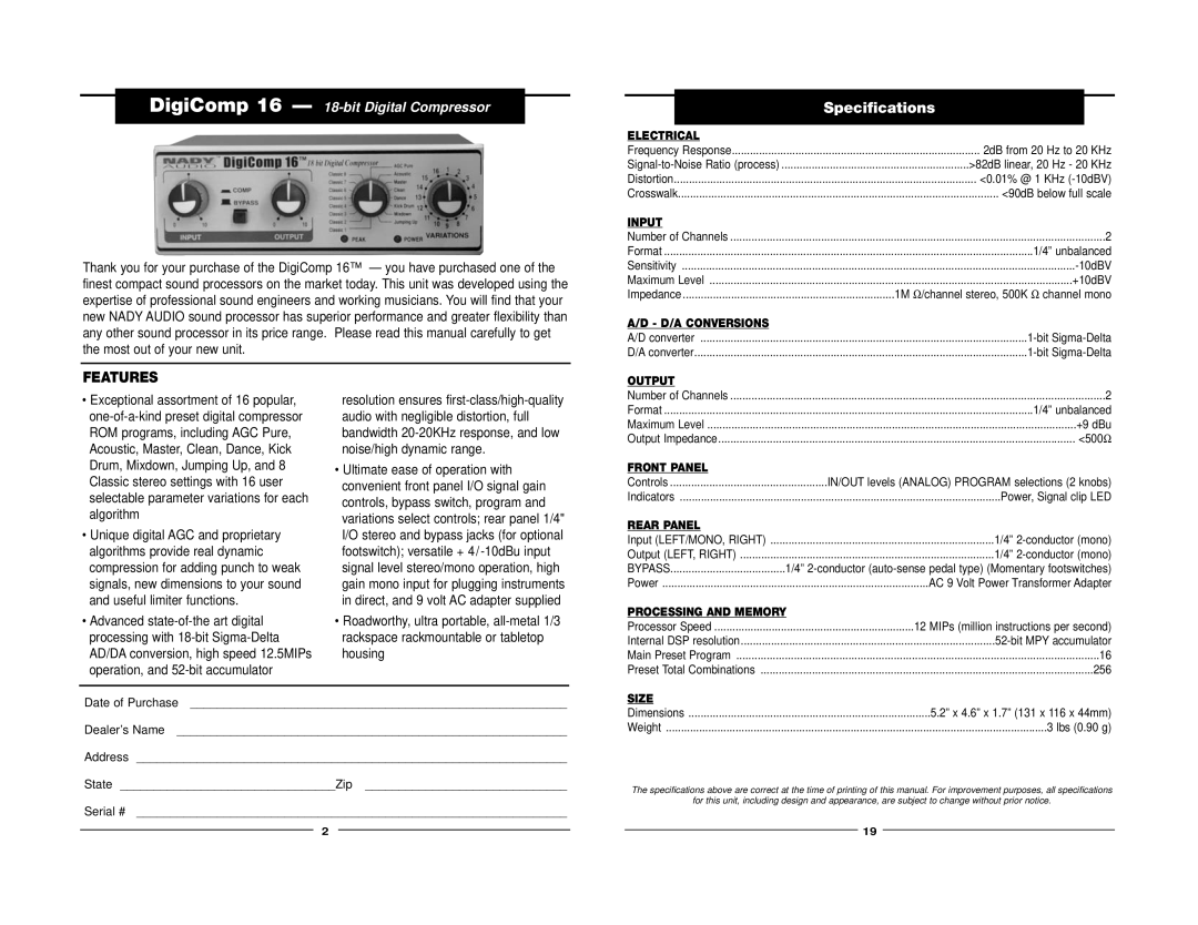 Nady Systems 16 owner manual Specifications, Features 