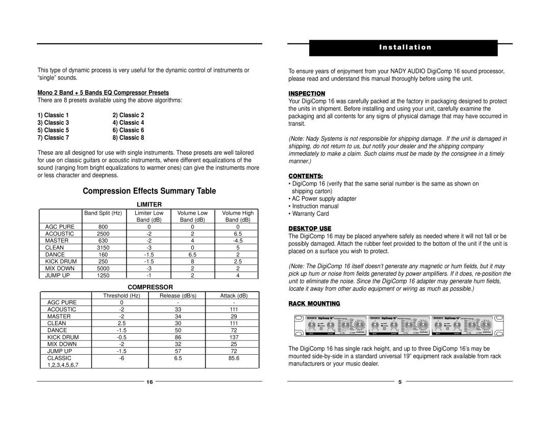 Nady Systems 16 owner manual Installation, Limiter, Compressor 