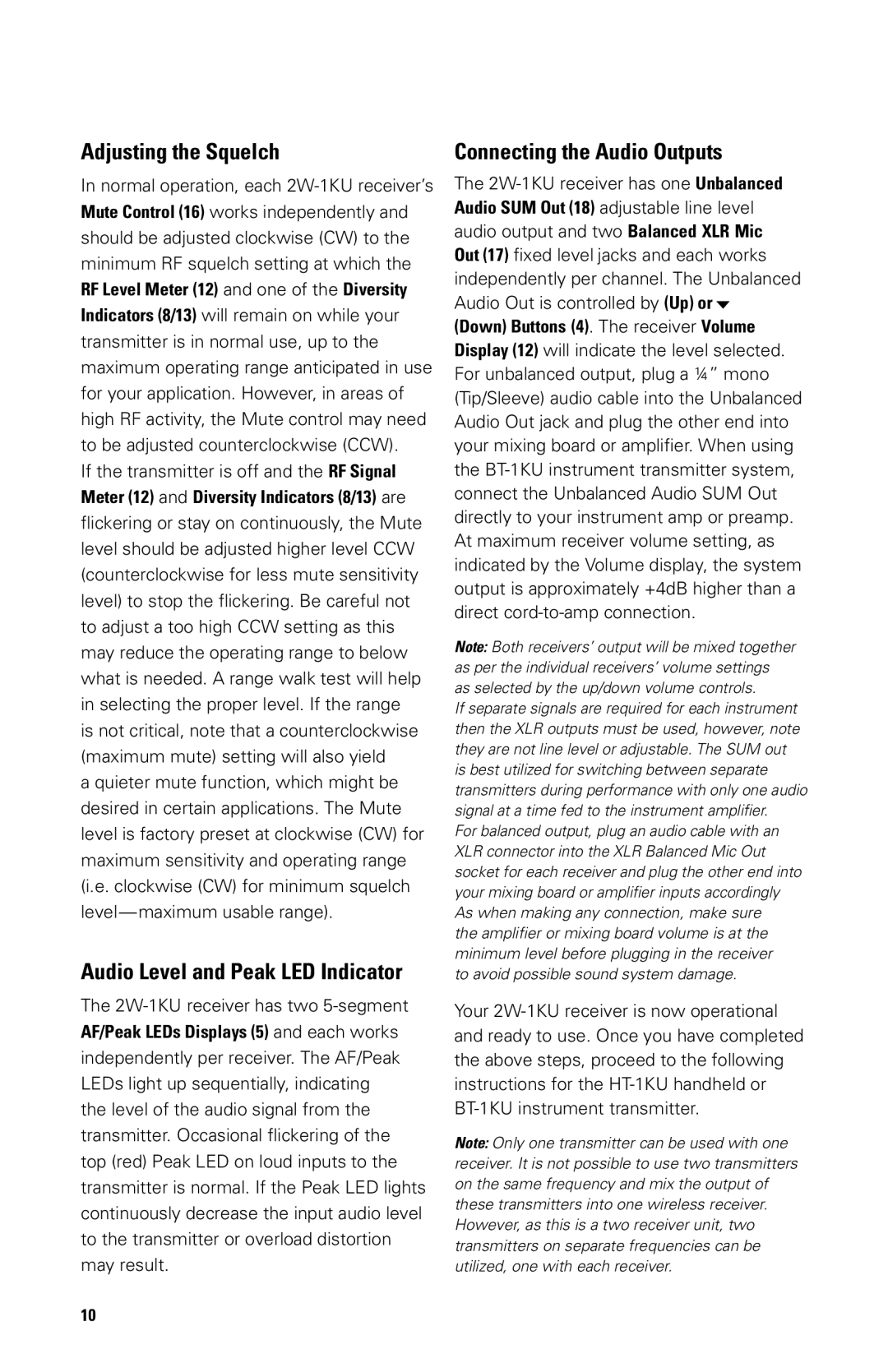 Nady Systems 2W1KULTO, 2W1KUHT owner manual Adjusting the Squelch, Connecting the Audio Outputs 