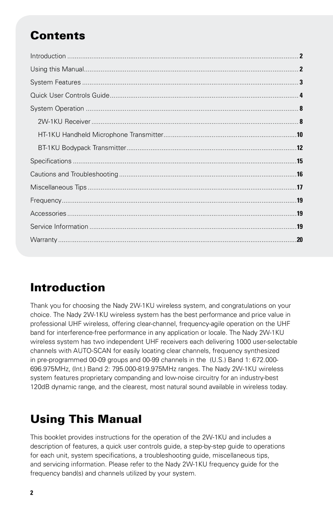 Nady Systems 2W1KULTO, 2W1KUHT owner manual Contents, Introduction, Using This Manual 