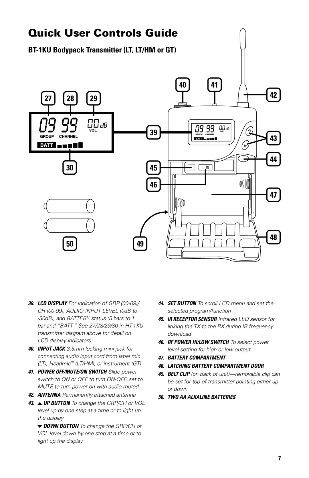 Nady Systems 2W1KUHT, 2W1KULTO owner manual BT-1KU Bodypack Transmitter LT, LT/HM or GT 5049 