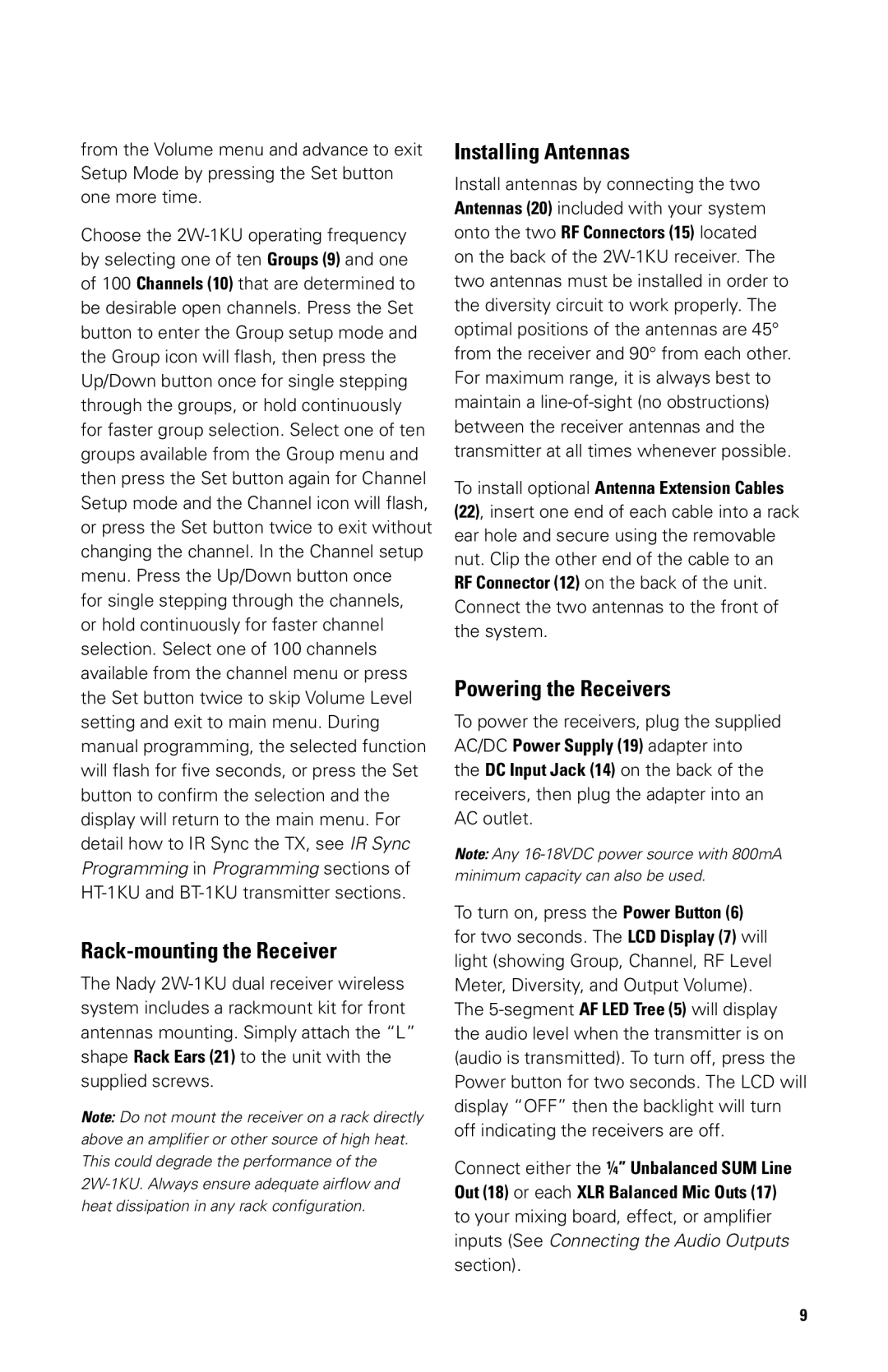 Nady Systems 2W1KUHT, 2W1KULTO owner manual Rack-mounting the Receiver, Installing Antennas, Powering the Receivers 
