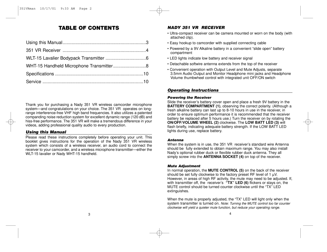 Nady Systems 351VR manual Table of Contents 