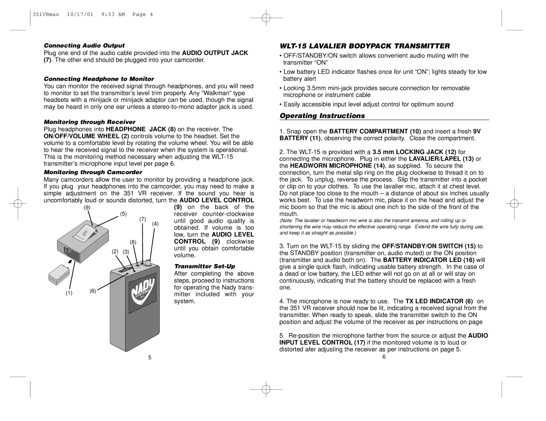 Nady Systems 351VR manual WLT-15 Lavalier Bodypack Transmitter, Connecting Headphone to Monitor 