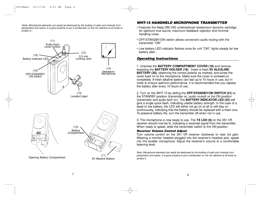 Nady Systems 351VR manual WHT-15 Handheld Microphone Transmitter, Off/Standby 