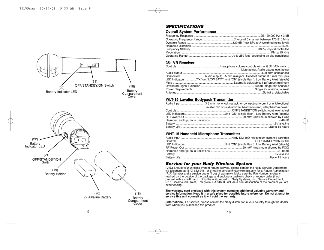 Nady Systems 351VR manual Specifications, Service for your Nady Wireless System 