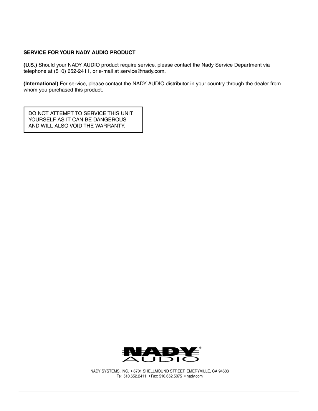 Nady Systems 3WA-1700 owner manual Service for Your Nady Audio Product 