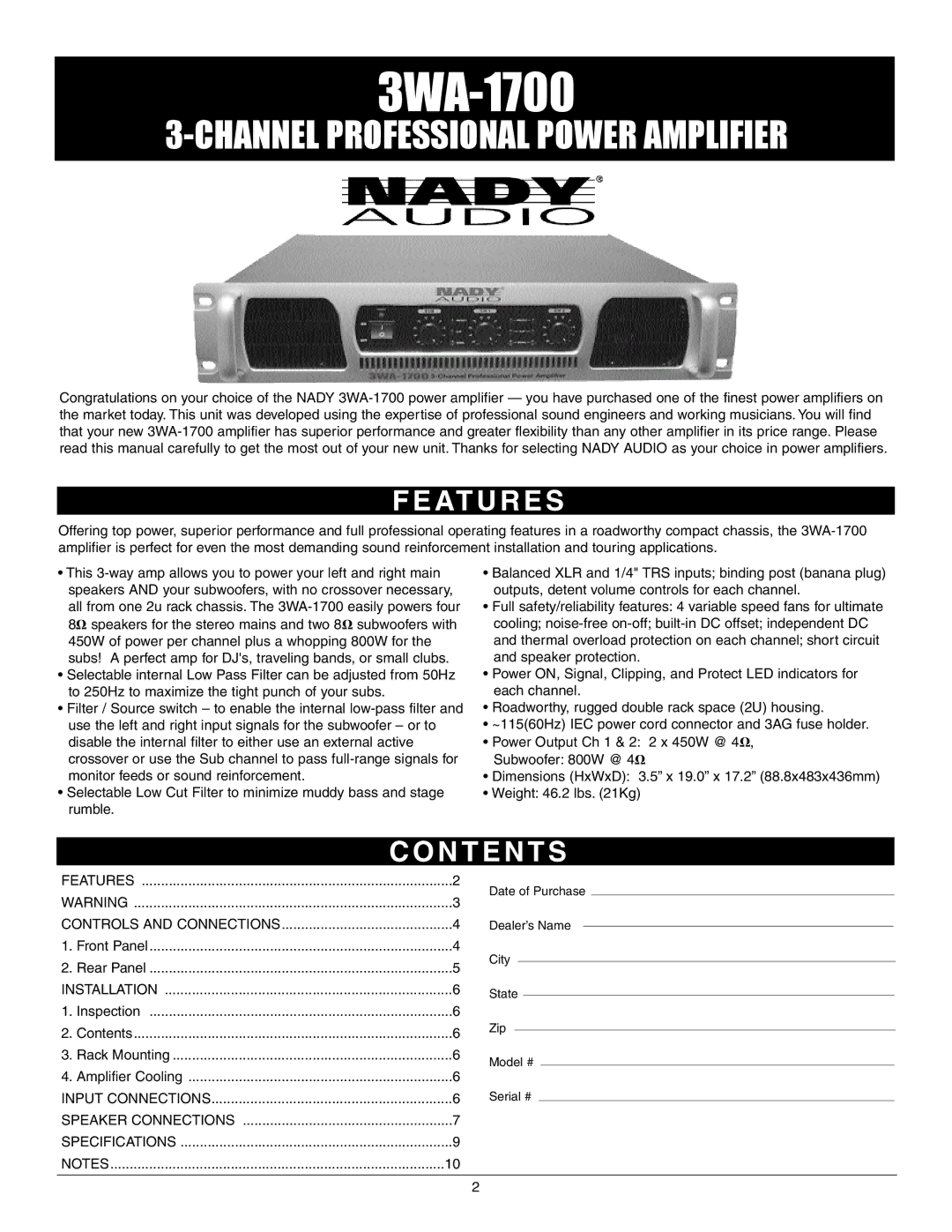 Nady Systems 3WA-1700 owner manual At U R E S, N T E N T S 