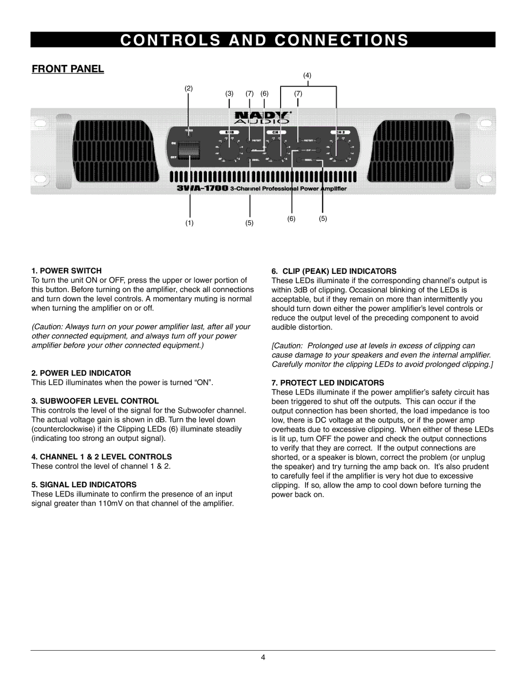 Nady Systems 3WA-1700 owner manual N T R O L S a N D C O N N E C T I O N S, Front Panel 