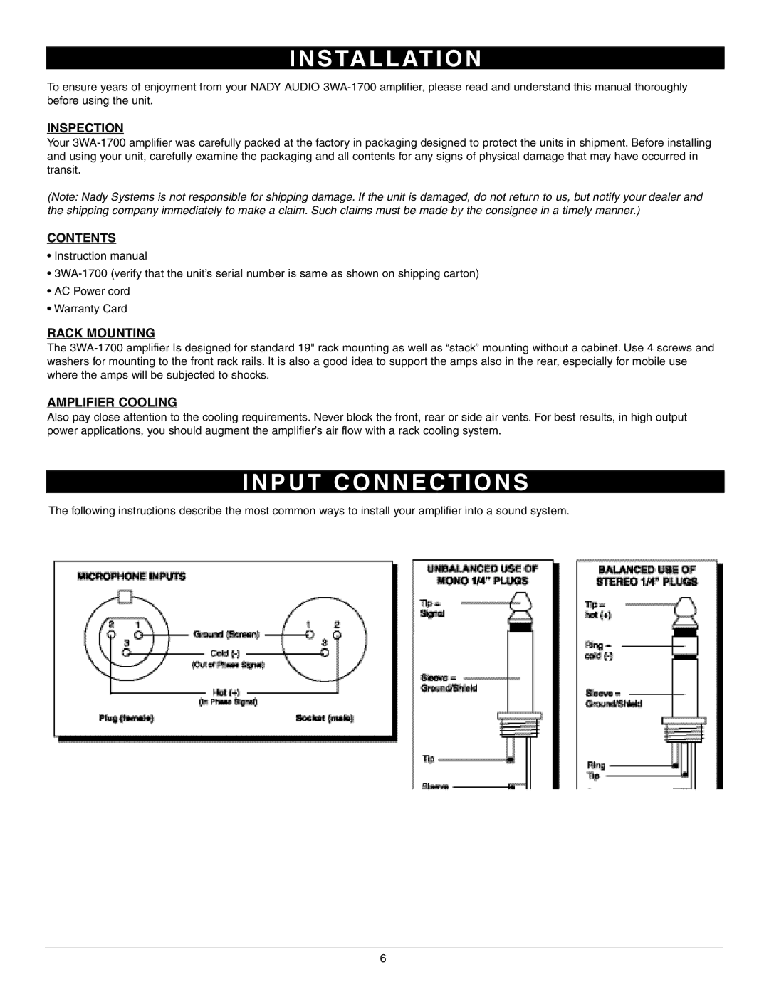 Nady Systems 3WA-1700 owner manual S Ta L L At I O N, P U T C O N N E C T I O N S 